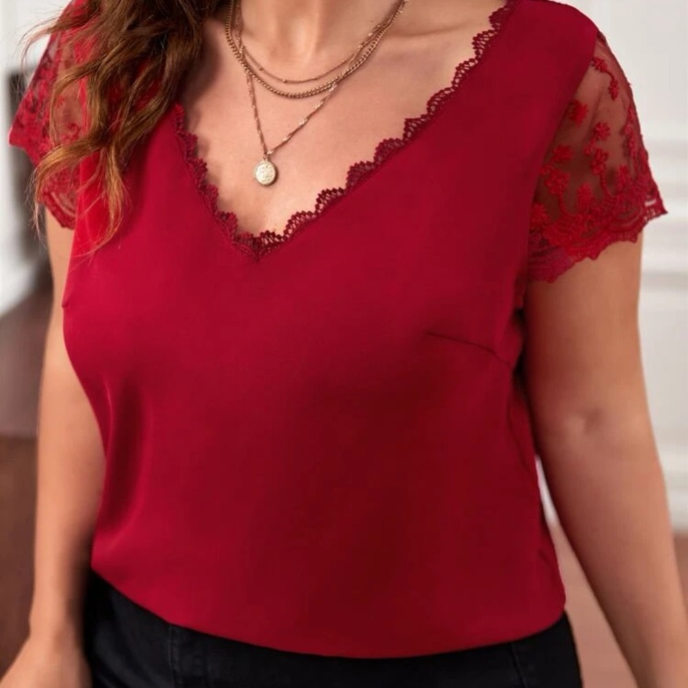 Plus size luxe contrast embroidered lace mesh blouse - Picture 11 of 16